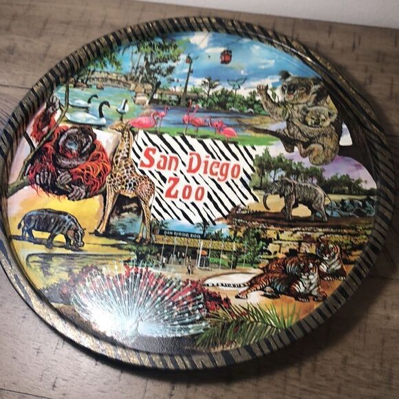 San Diego Zoo 1970s Vintage Handpainted Tray featuring SkyPark 🐅 🦏 🐨 🦧 🦒 - Picture 16 of 17